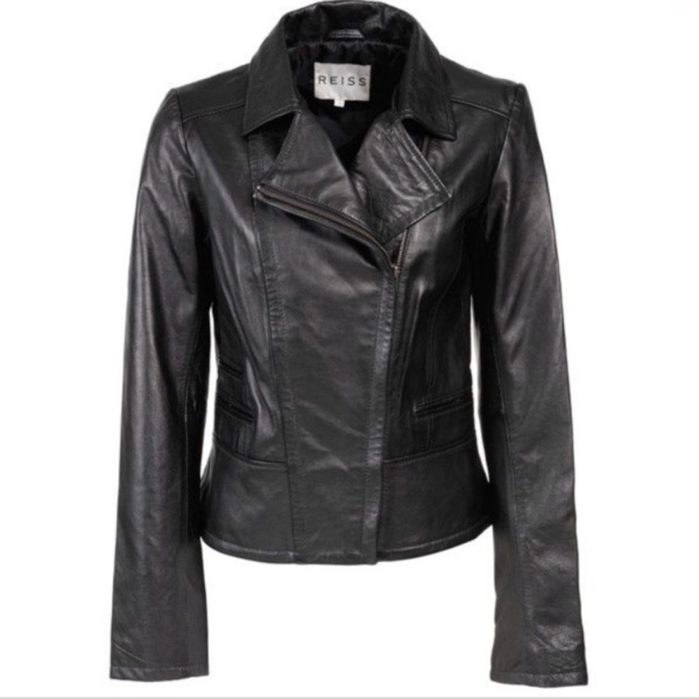 Reiss Bali Genuine Lamb Leather Black Moto Jacket Size Small